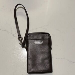 Coach Dark Brown Leather Wristlet Phone Pouch with Strap
